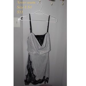 Silver shimmer, black lace evening dress